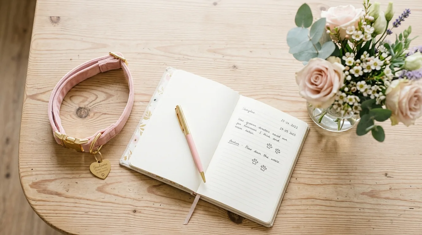 Coleira rosa e dourada com plaquinha de coracao ao lado de caderno para anotar nomes