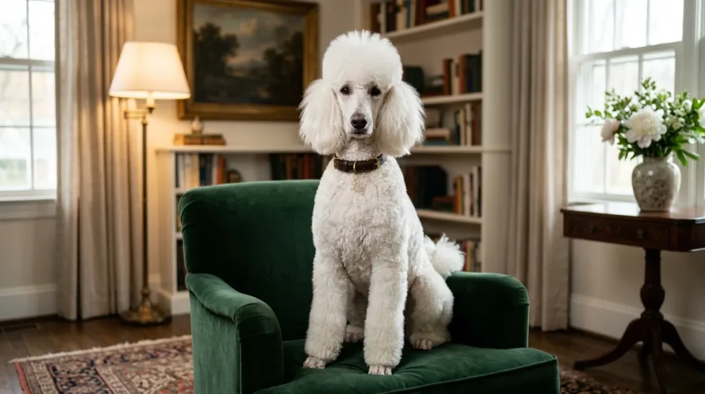 Poodle elegante com coleira sofisticada sentado em poltrona de veludo em sala decorada