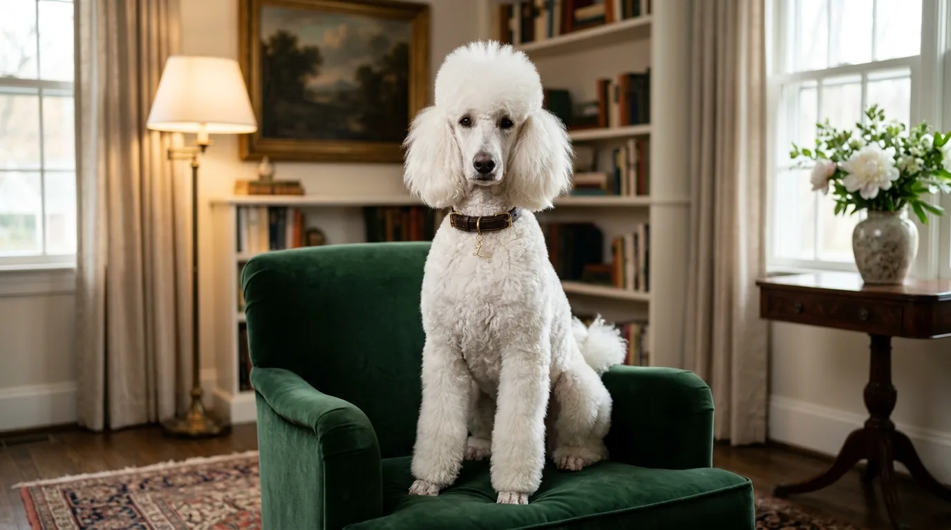 Poodle elegante com coleira sofisticada sentado em poltrona de veludo em sala decorada