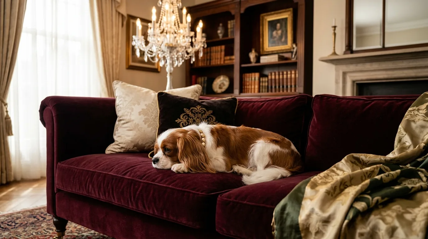 Cão de pelagem sedosa descansando em sofá de veludo em sala de estar sofisticada