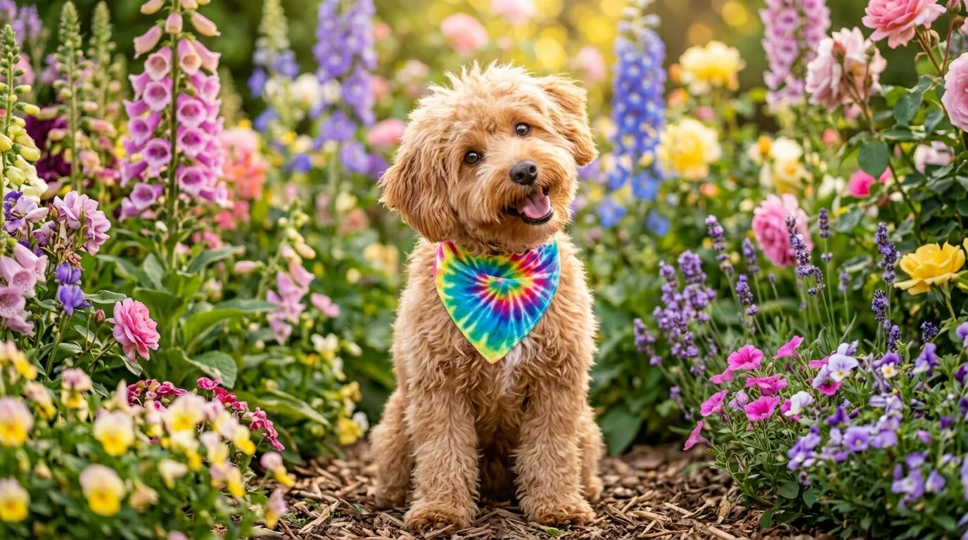 Cachorro fofo brincalhao com bandana colorida em jardim de flores