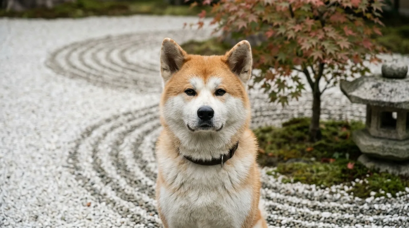 Akita japonês em jardim zen minimalista, representando a origem oriental da raça