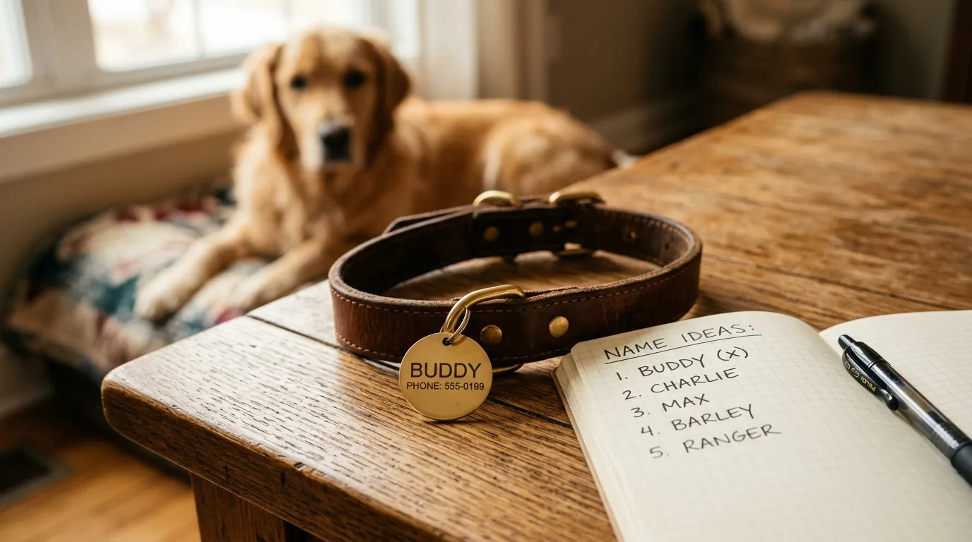 Coleira com plaquinha de identificação ao lado de caderno com ideias de nomes para cachorro