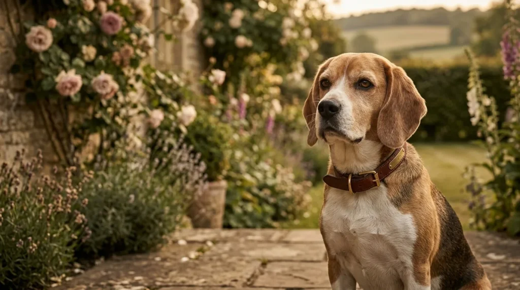 Beagle elegante e digno em jardim estilo campo ingles