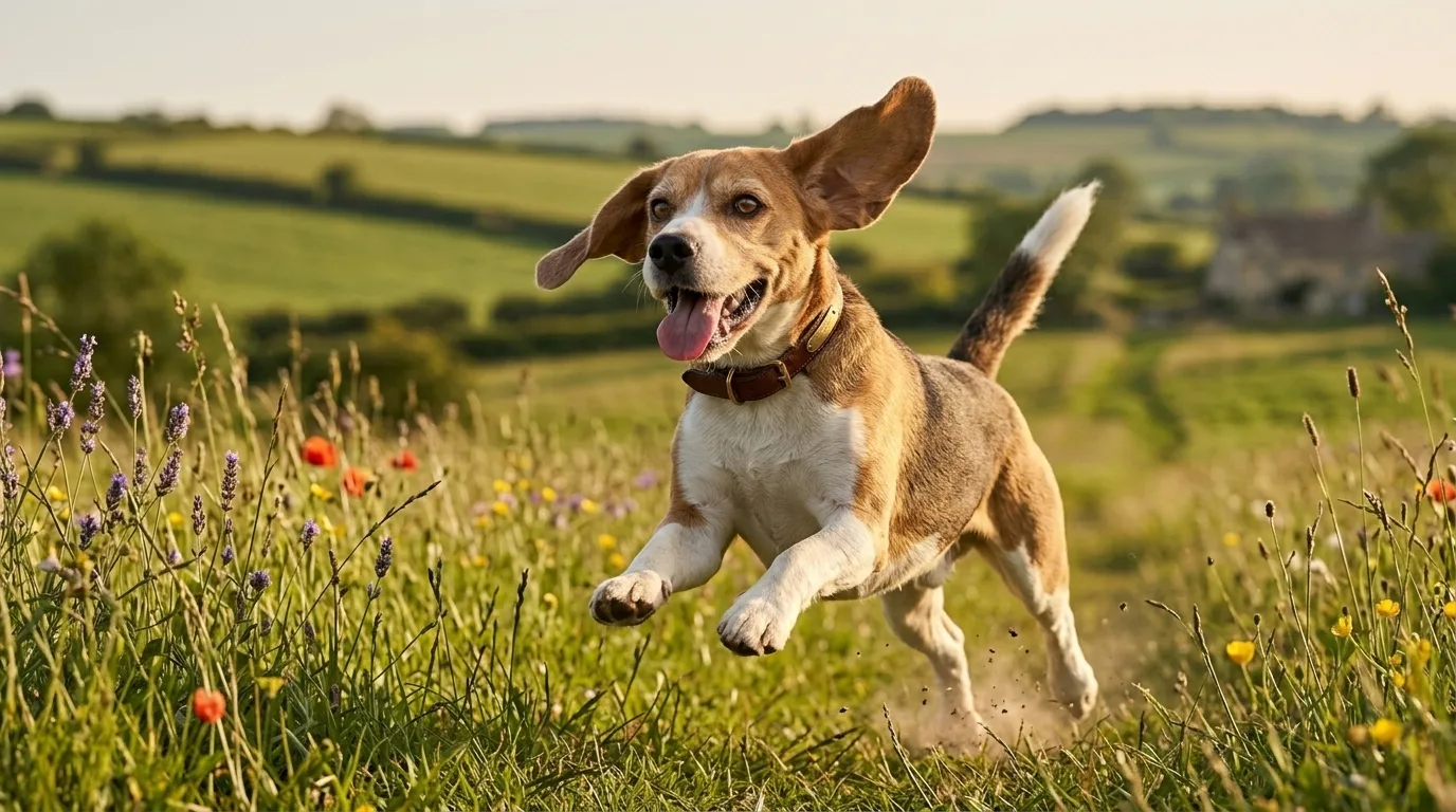 Beagle correndo alegremente pelo campo florido ingles