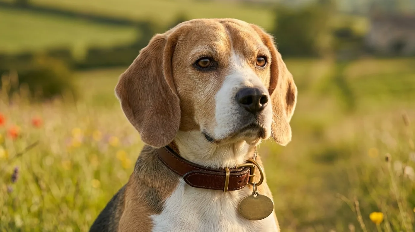 Beagle com coleira de couro classica e plaquinha de identificacao