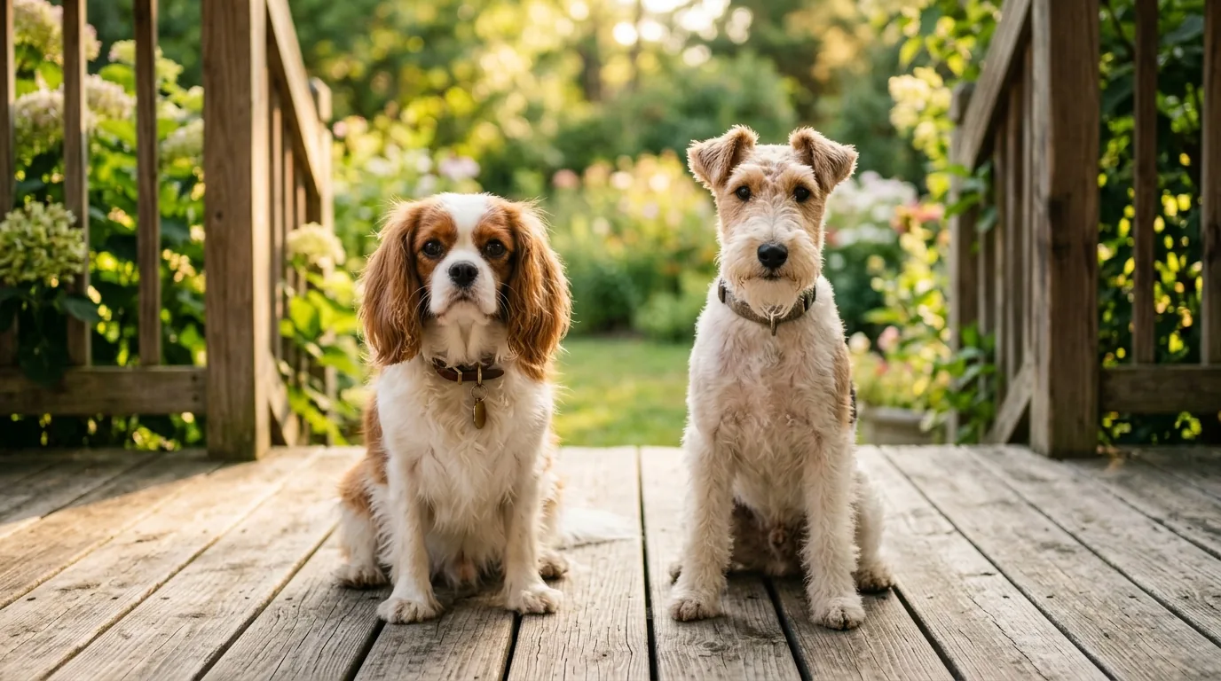 Dois cachorros pequenos e fofos sentados juntos em varanda de madeira
