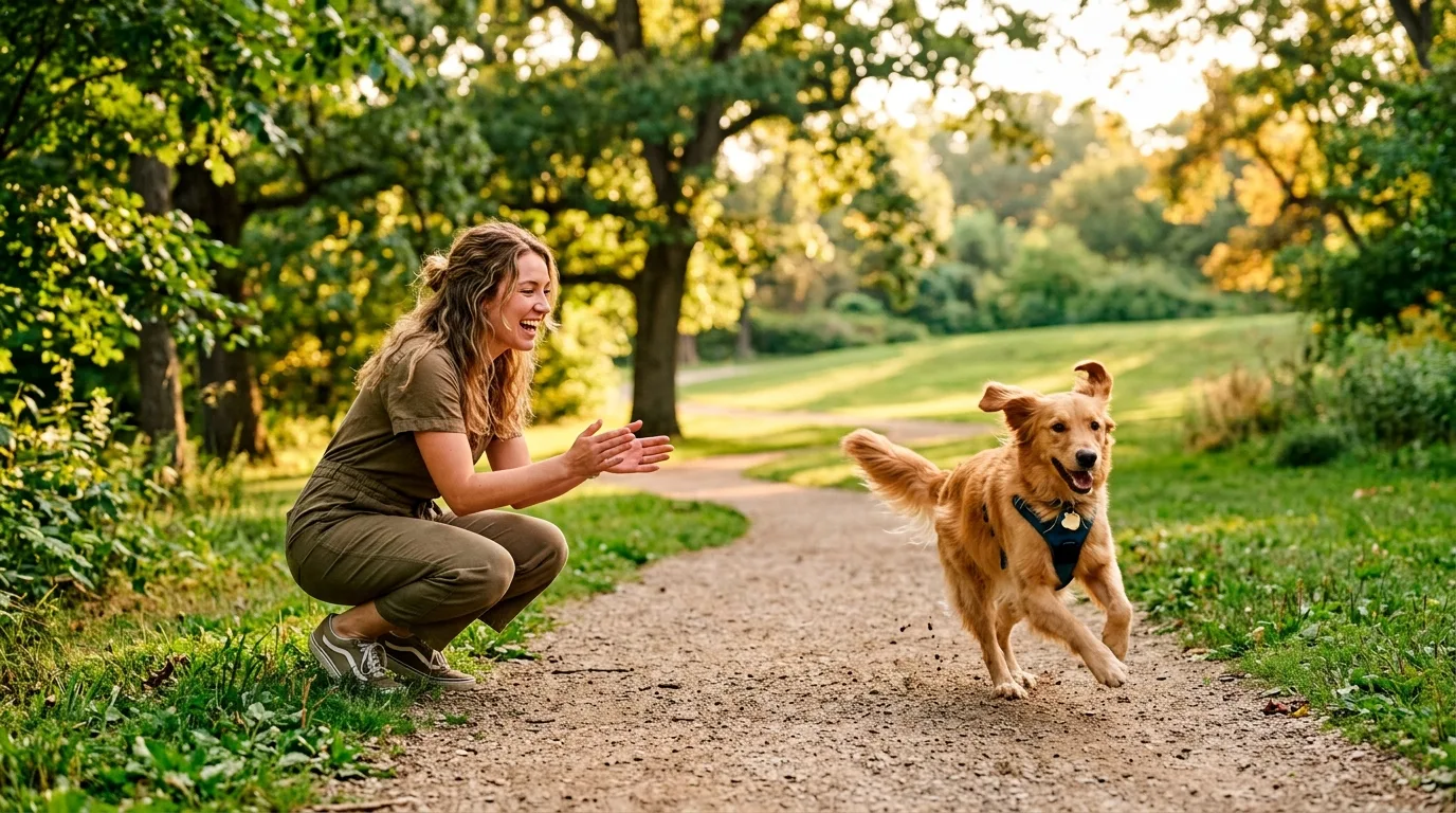 Tutora chamando o cachorro pelo nome no parque, cão correndo feliz ao seu encontro
