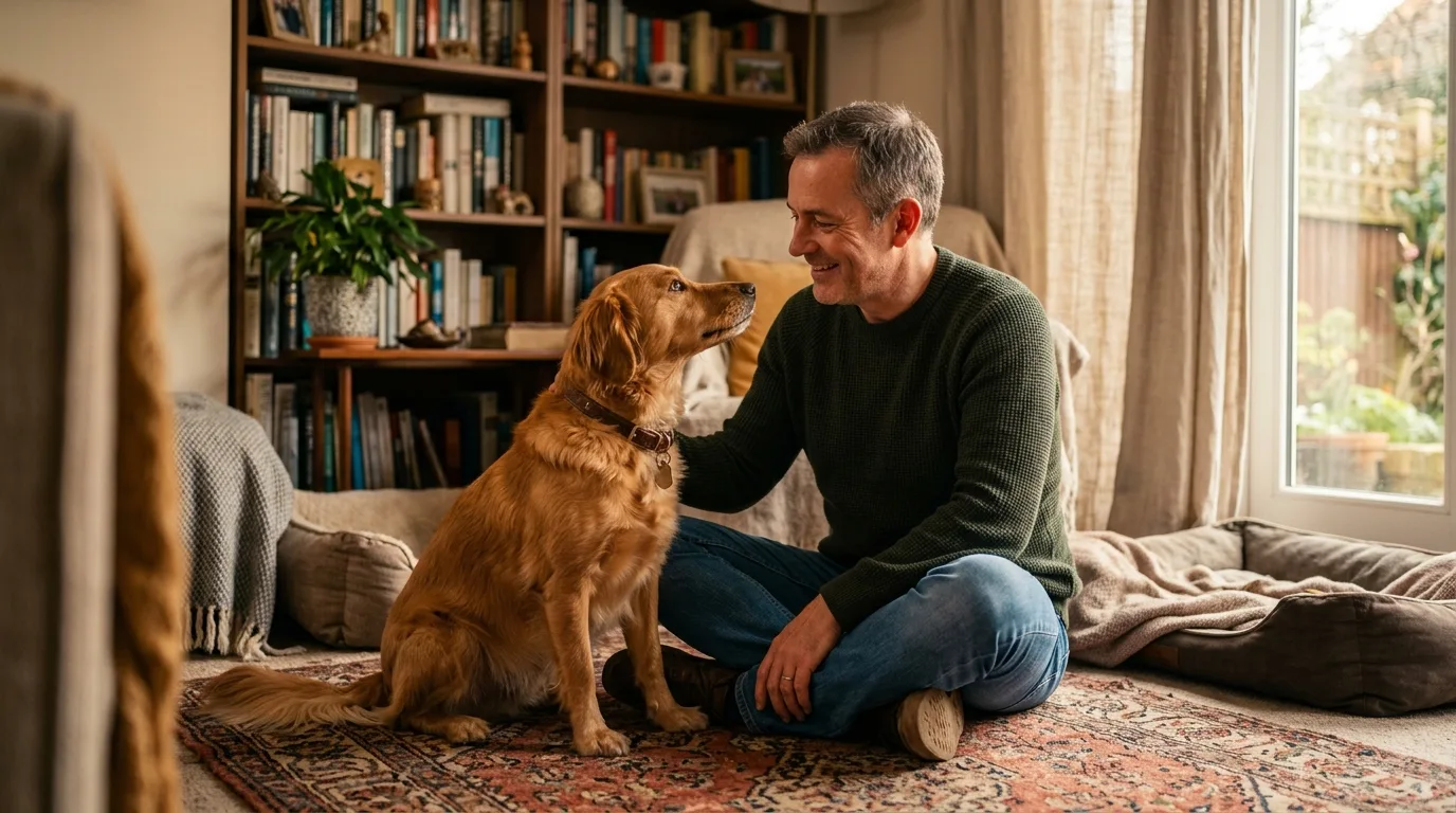 Tutor sentado no chão da sala fazendo carinho no cachorro em ambiente aconchegante