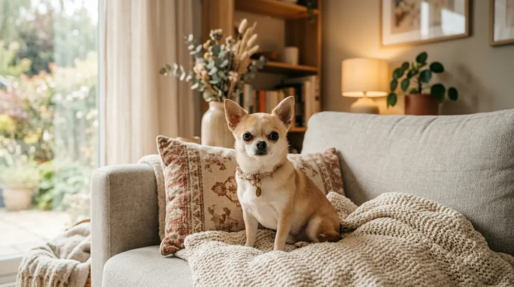 Chihuahua fofo sentado confortavel em sofa de sala de estar