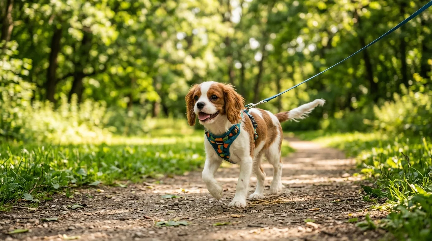 Cachorro pequeno e fofo passeando com guia em parque ensolarado