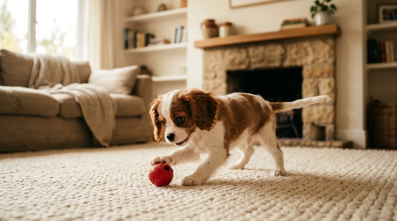 Cachorro pequeno e fofo brincando com bolinha de brinquedo em casa