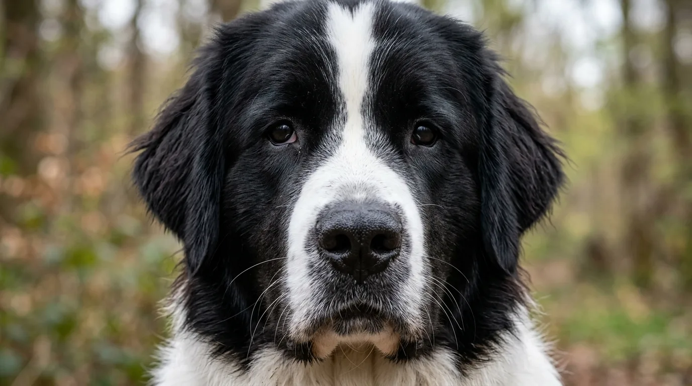Close-up da face de cachorro com padrão preto e branco simétrico na pelagem