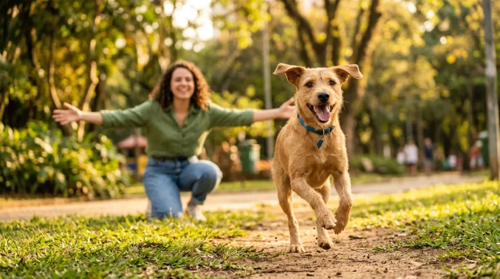 Cachorro vira-lata adotado correndo feliz ao encontro da tutora no parque