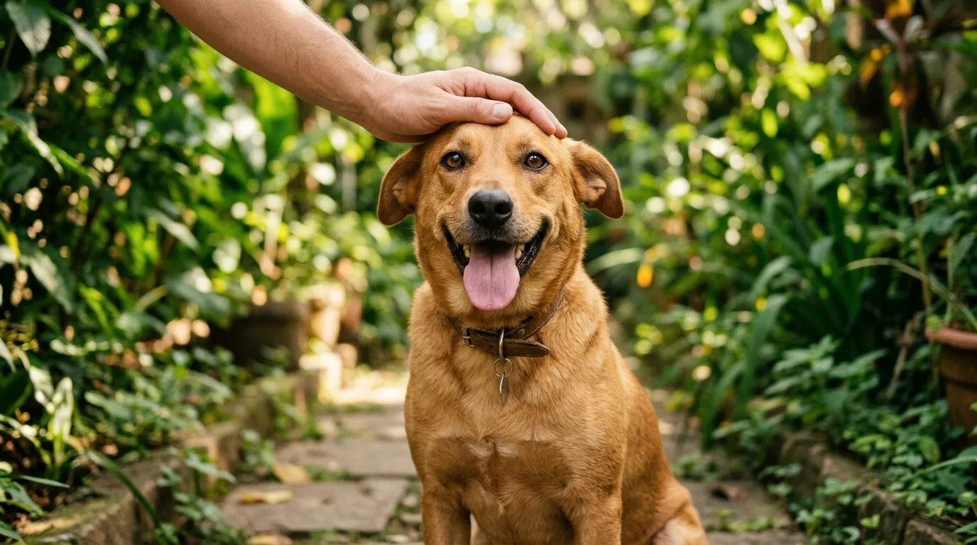 Cachorro vira-lata caramelo sentado no quintal recebendo carinho