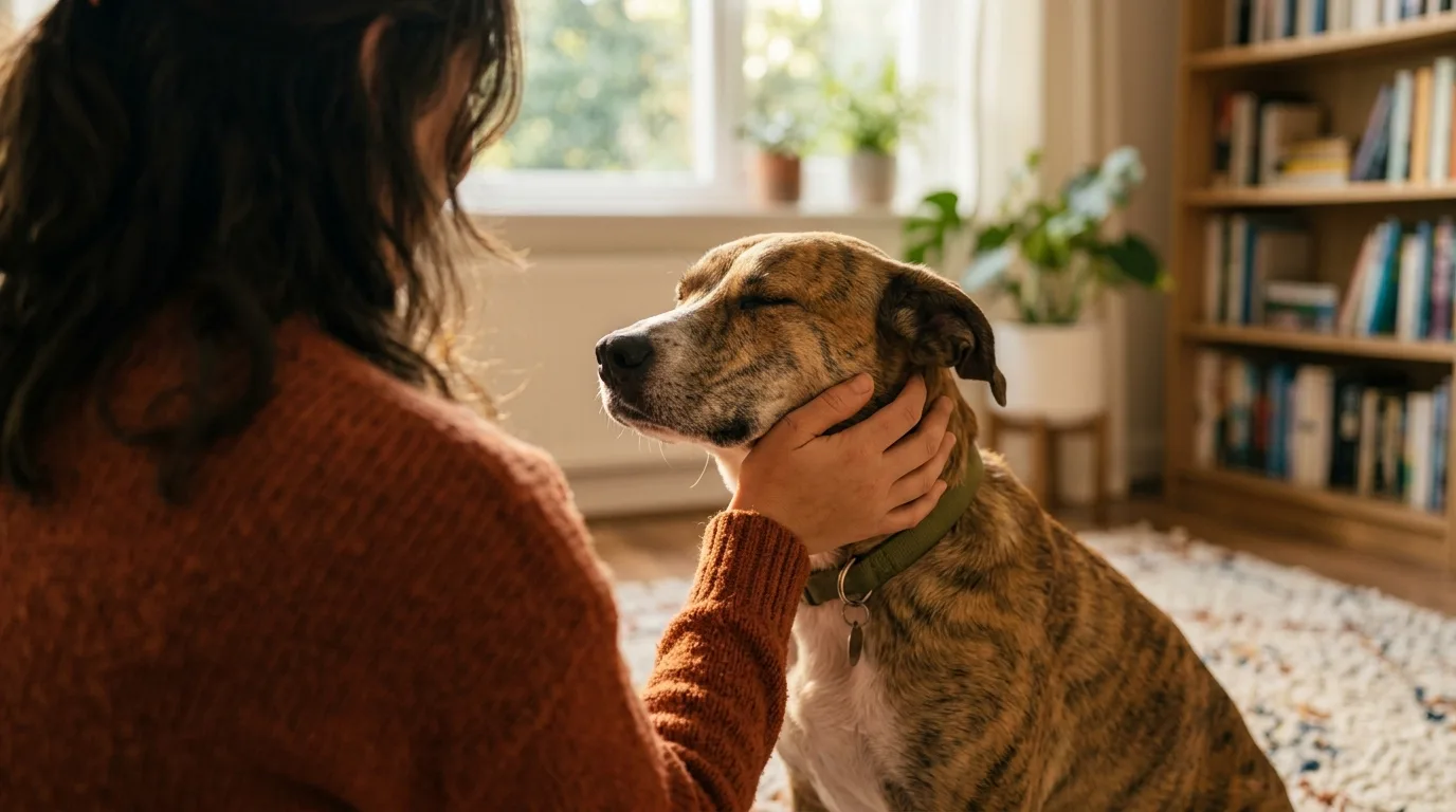 Tutora fazendo carinho em cachorro vira-lata resgatado no tapete da sala