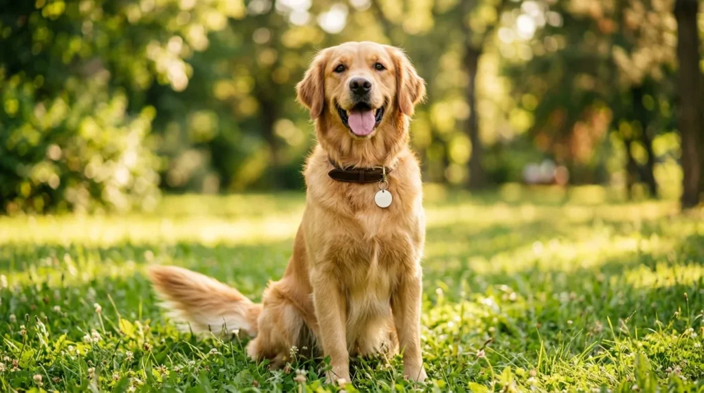 Cachorro feliz com coleira de couro e plaquinha de identificação em parque ensolarado