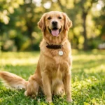 Cachorro feliz com coleira de couro e plaquinha de identificação em parque ensolarado