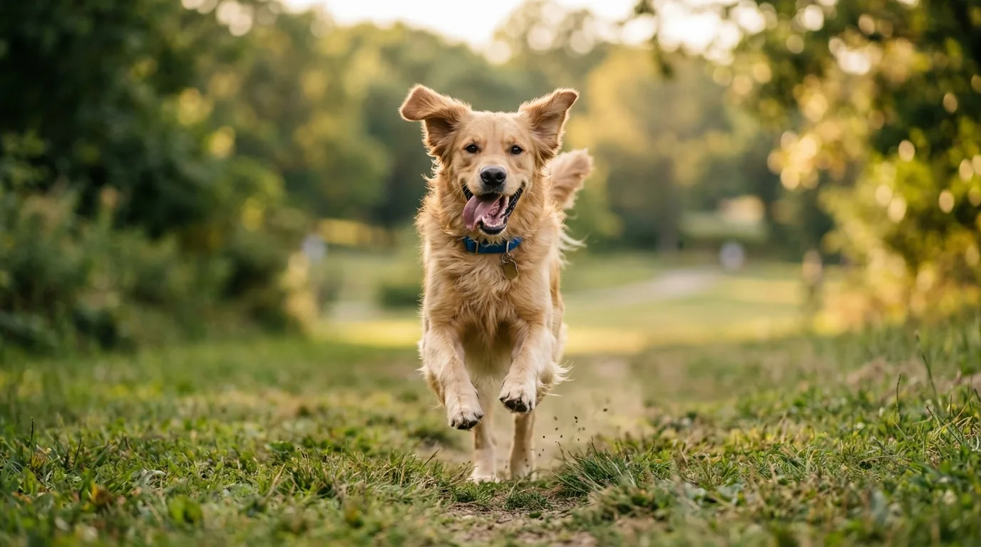 Cachorro correndo alegre em direção à câmera como se respondesse ao próprio nome