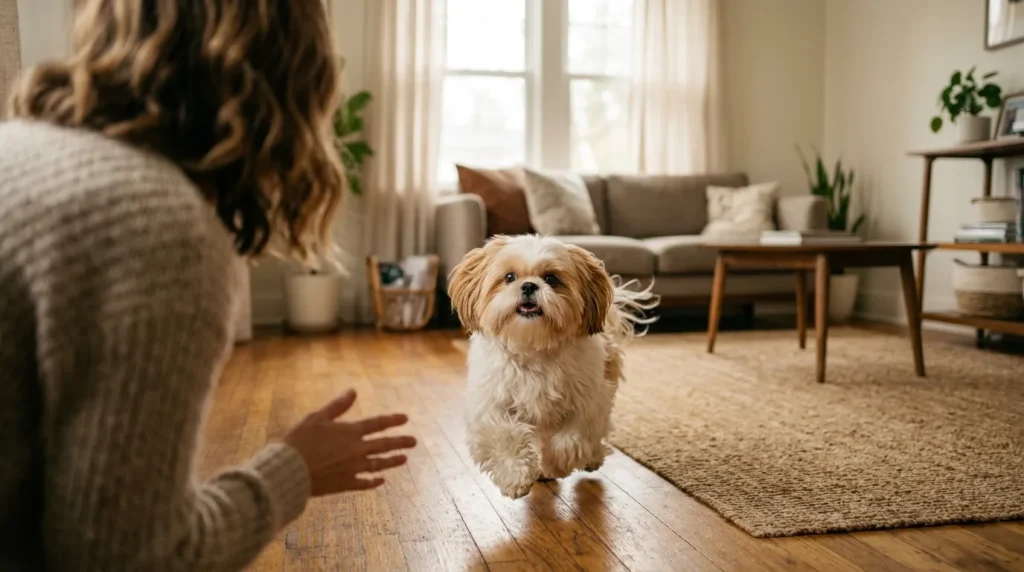Shih Tzu de pelagem branca e dourada correndo em direção à dona em ambiente aconchegante de sala de estar