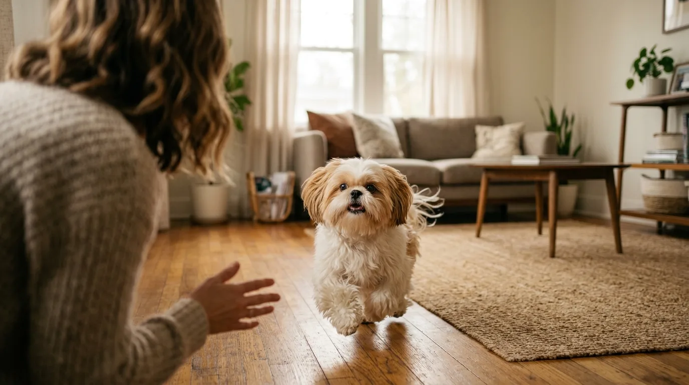 Shih Tzu de pelagem branca e dourada correndo em direção à dona em ambiente aconchegante de sala de estar