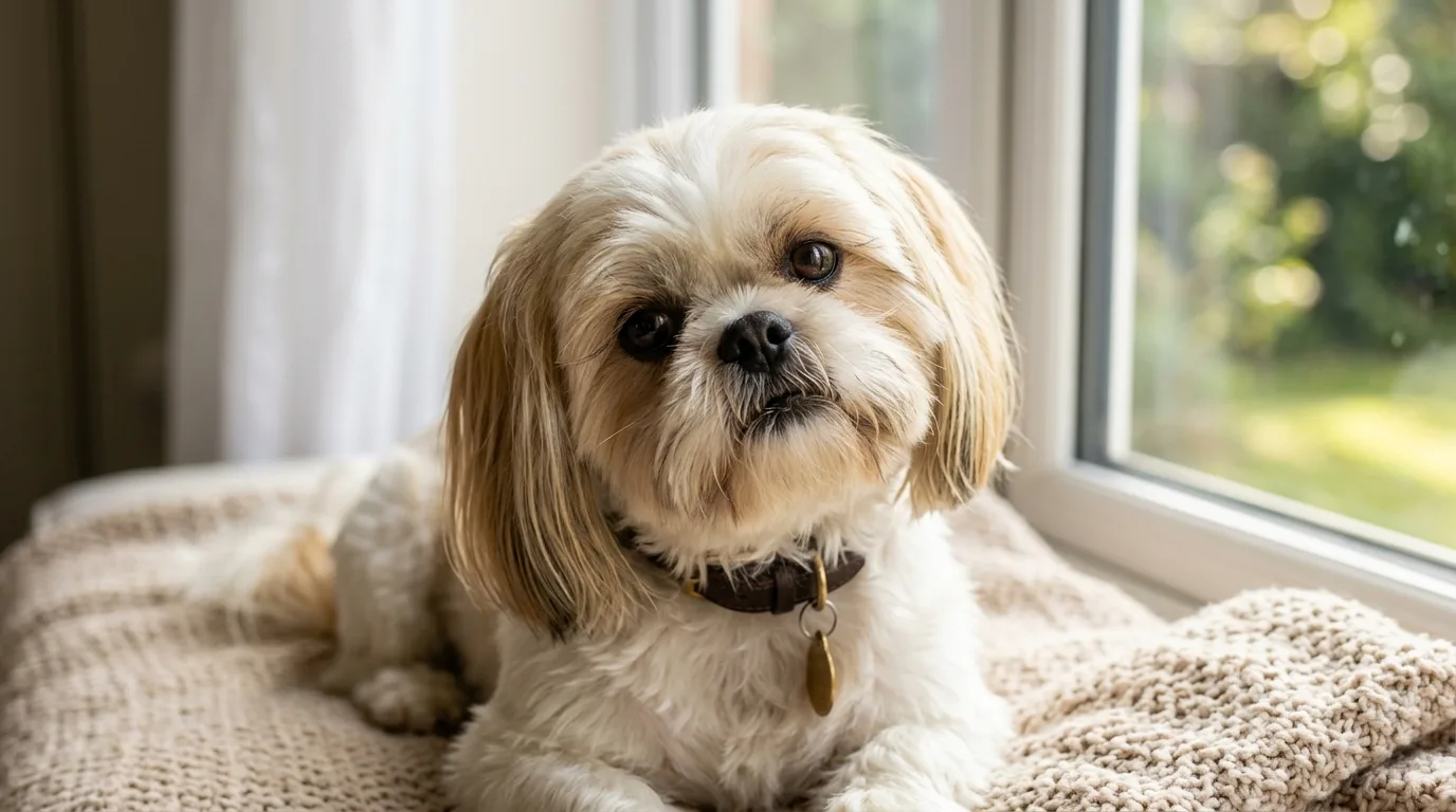 Close-up do rosto de um Shih Tzu com pelagem sedosa branca e dourada sentado perto de uma janela