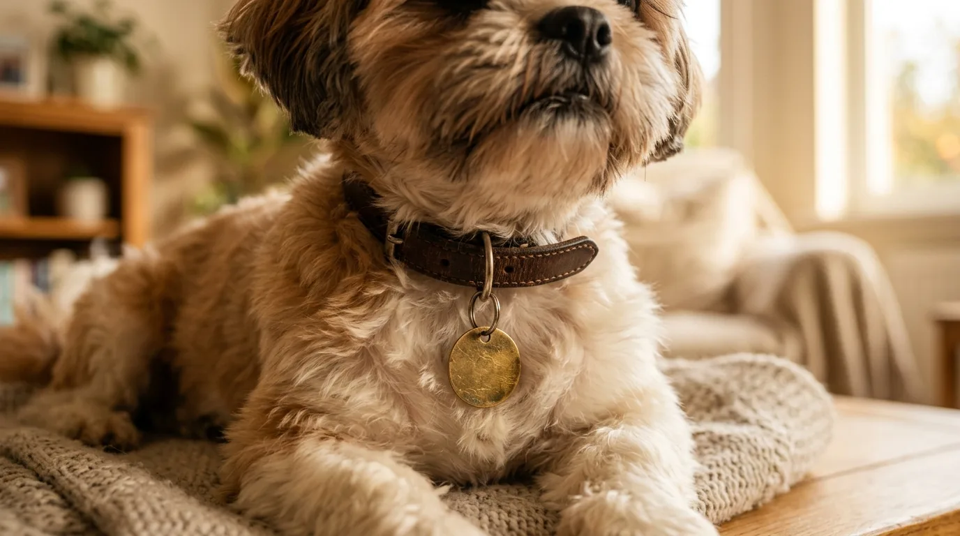 Shih Tzu usando coleira de couro simples com plaquinha de identificação, foco na coleira