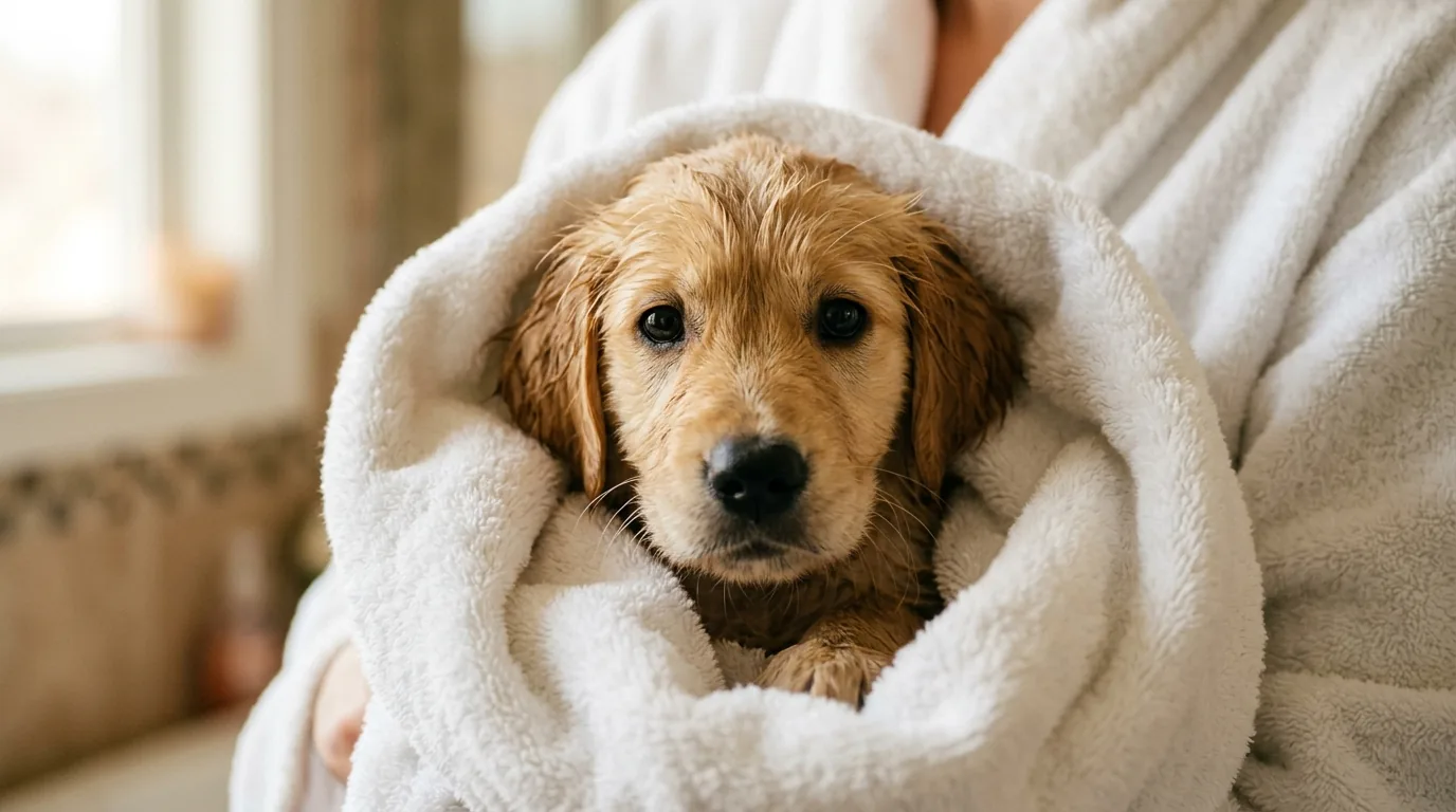 Frutas seguras para cachorros filhotes: maçã, banana, morango e mirtilo em tábua de madeira