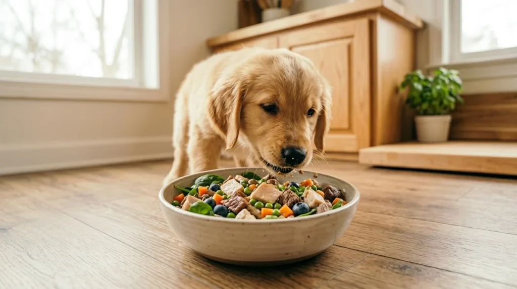 Filhote comendo comida saudável com variedade de ingredientes