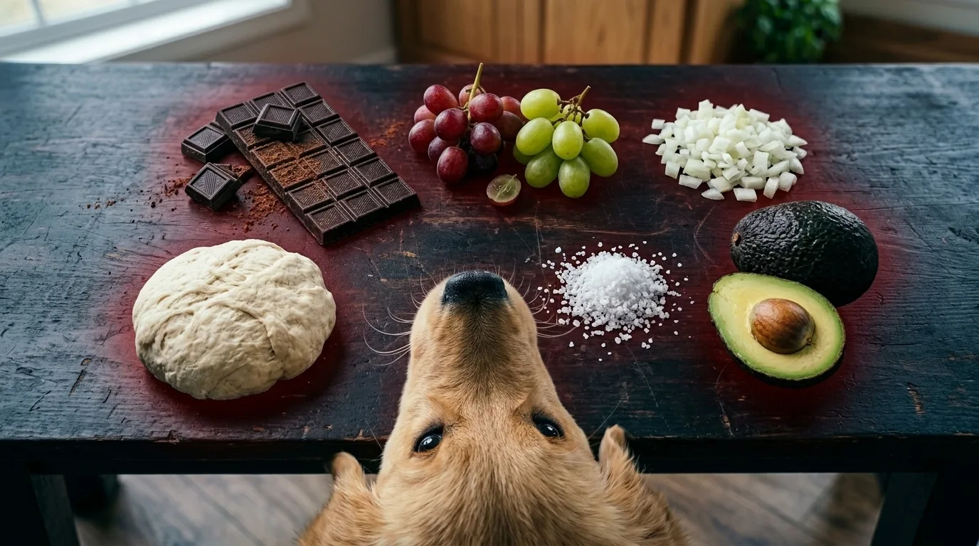 Alimentos tóxicos para cães destacados em mesa educativa