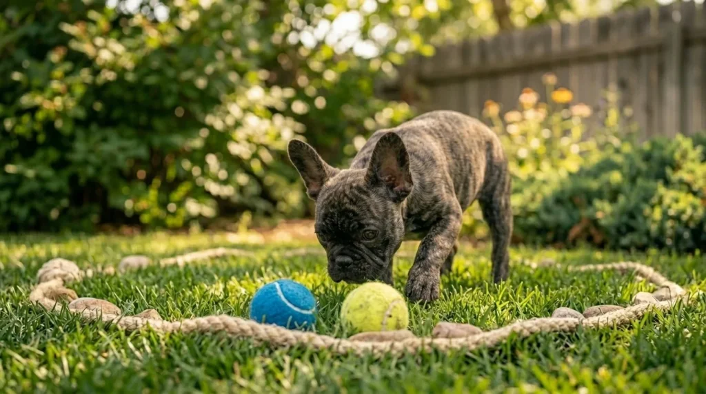 Cachorro observando bola azul e amarela no gramado