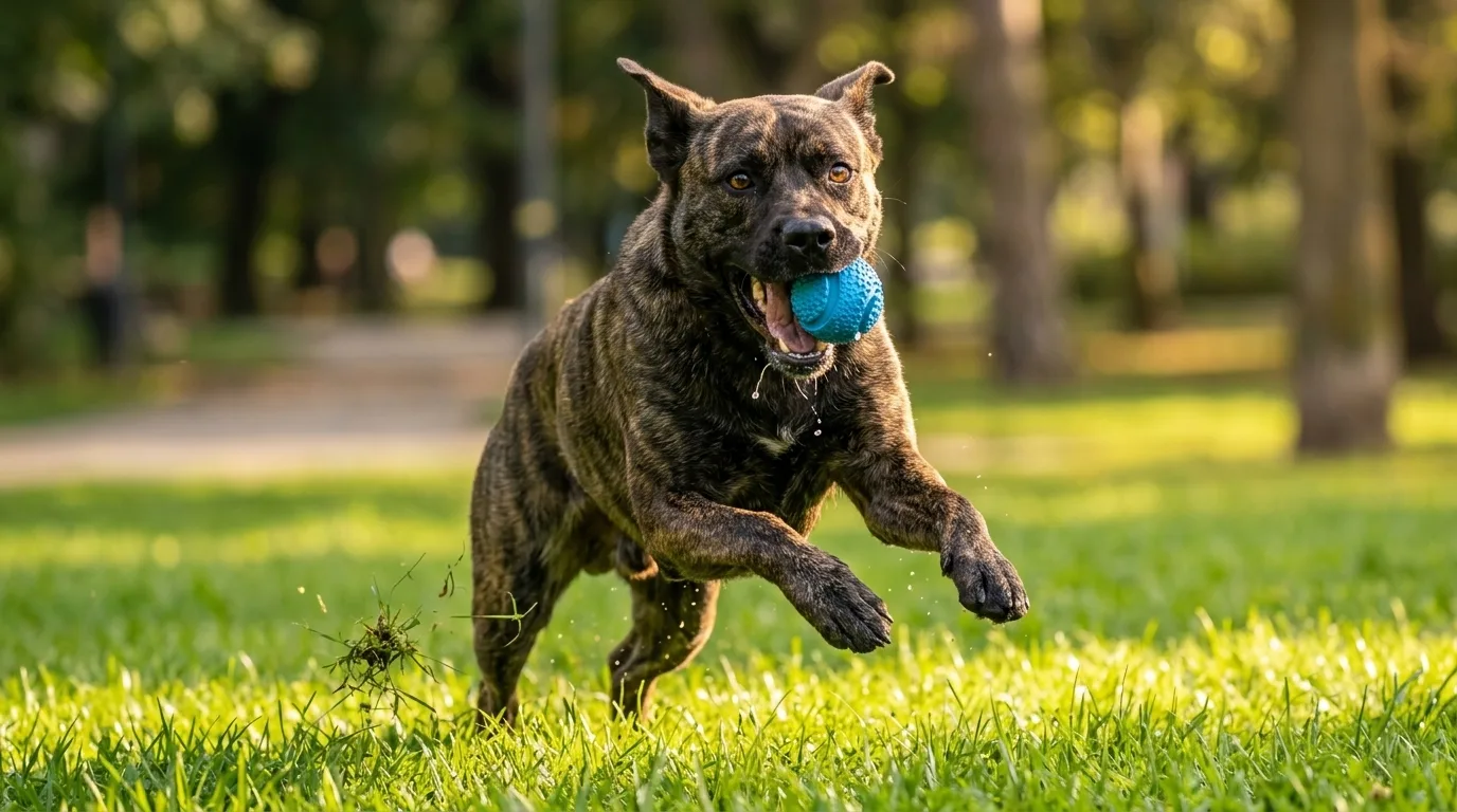 Cachorro brincando animado com bola azul no parque