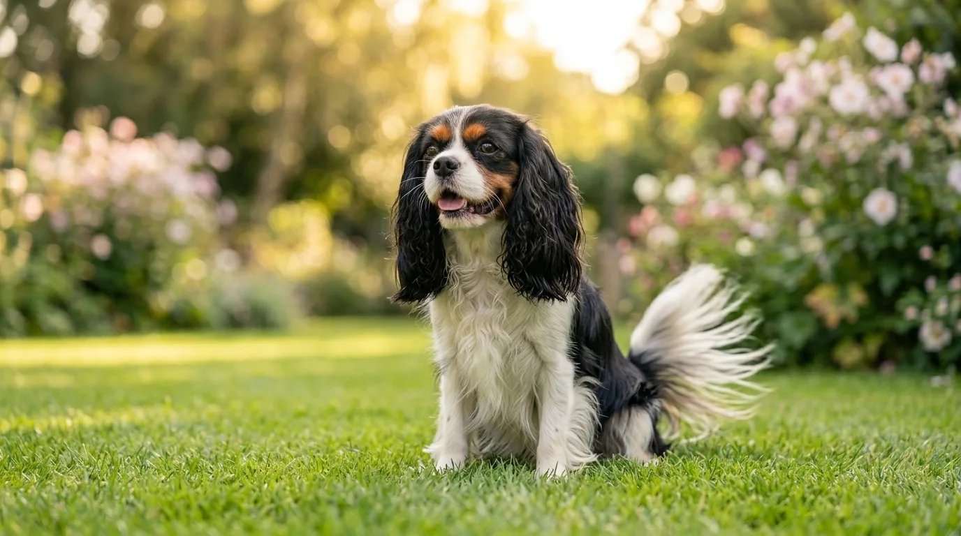 Cachorro feliz abanando o rabo alegremente no jardim