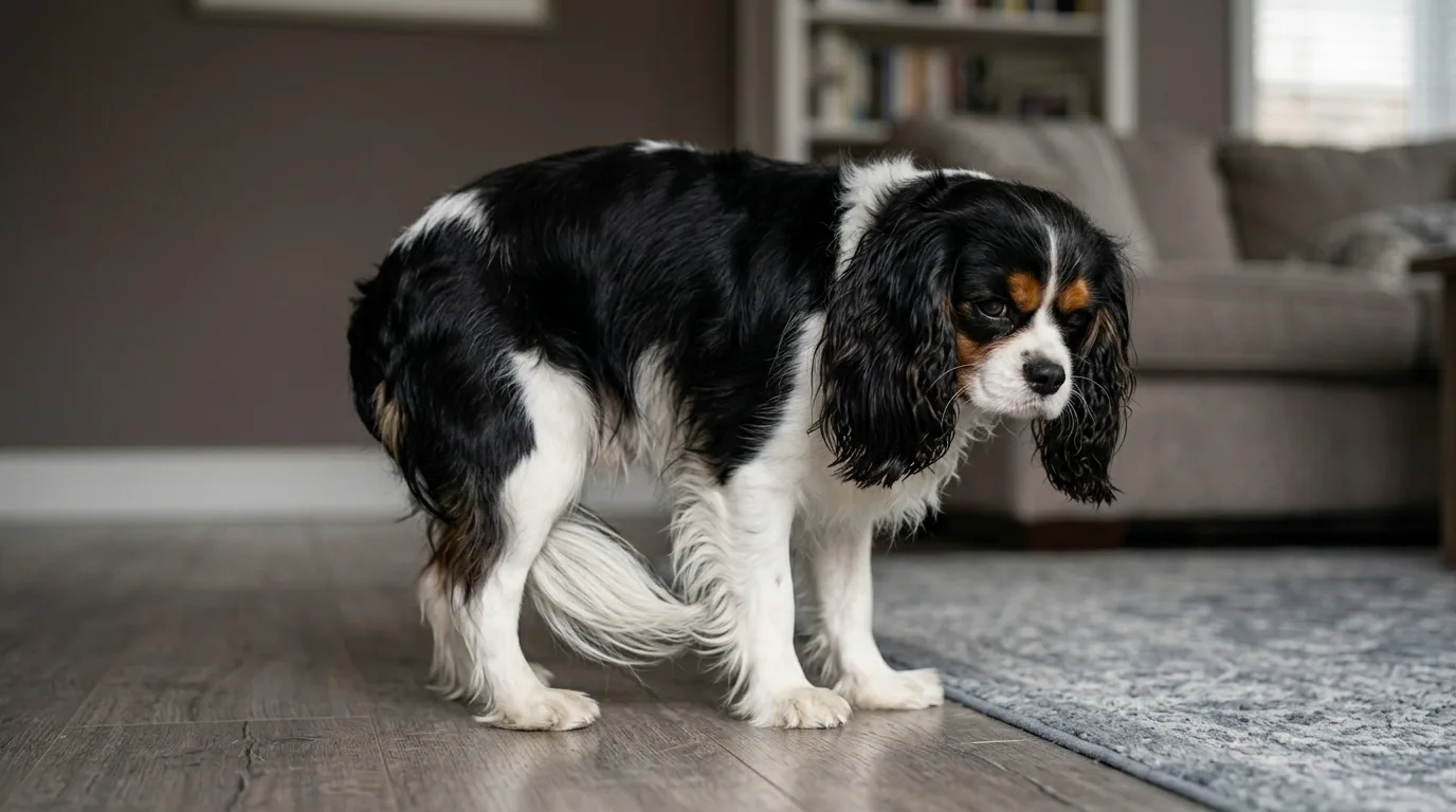 Cachorro inseguro com rabo baixo entre as pernas