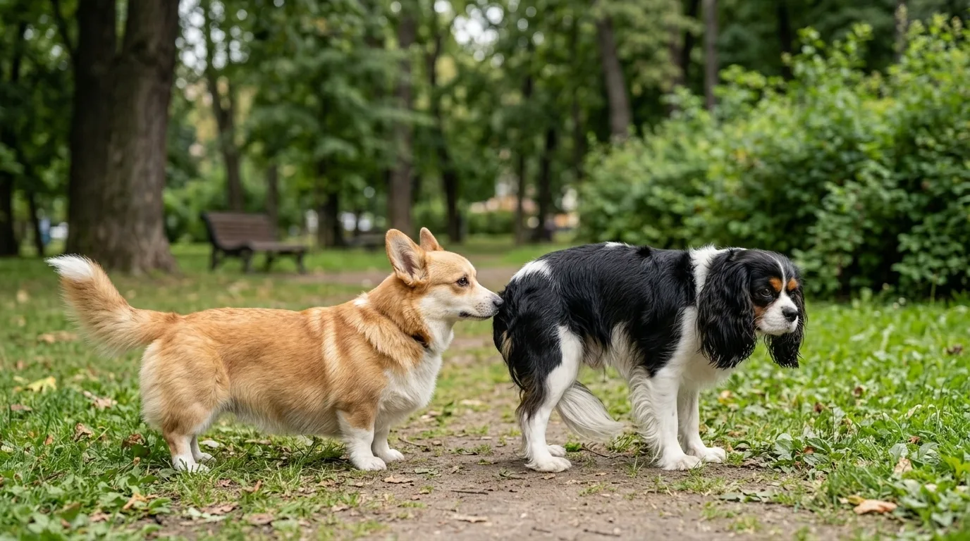 Dois cachorros se cumprimentando amigavelmente no parque