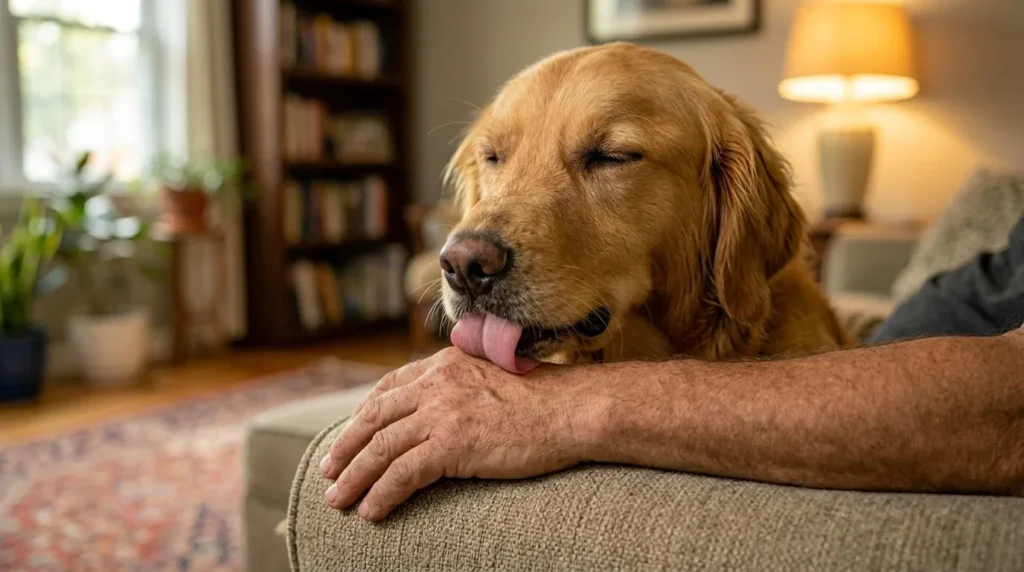 Cachorro lambendo carinhosamente a mao do dono