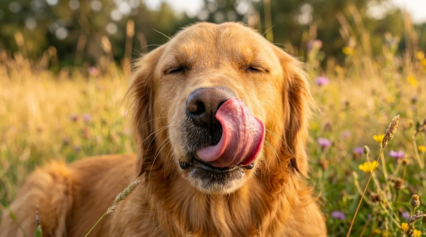 Cachorro feliz lambendo o proprio focinho em campo florido