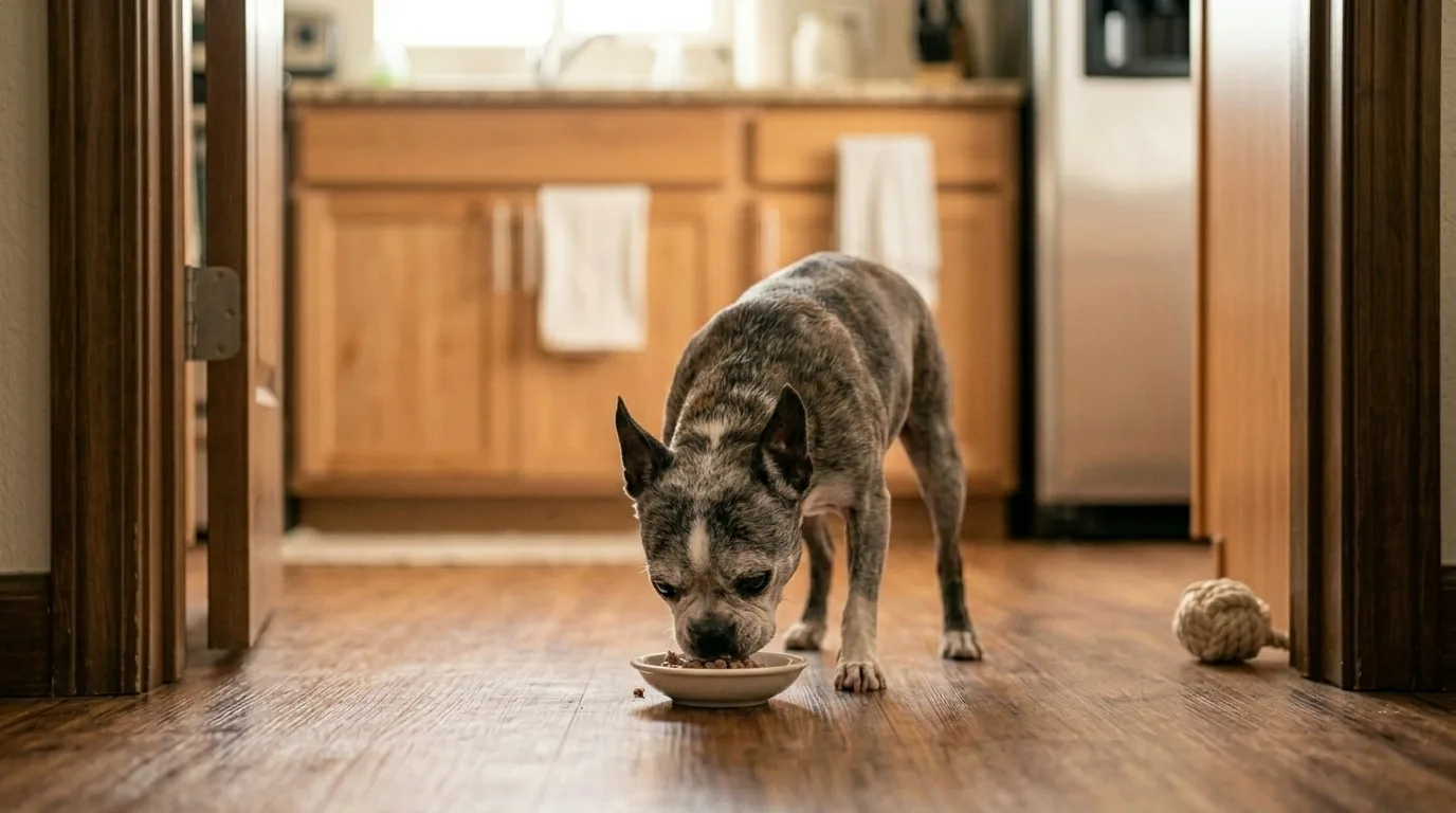 Cachorro idoso comendo com calma em casa
