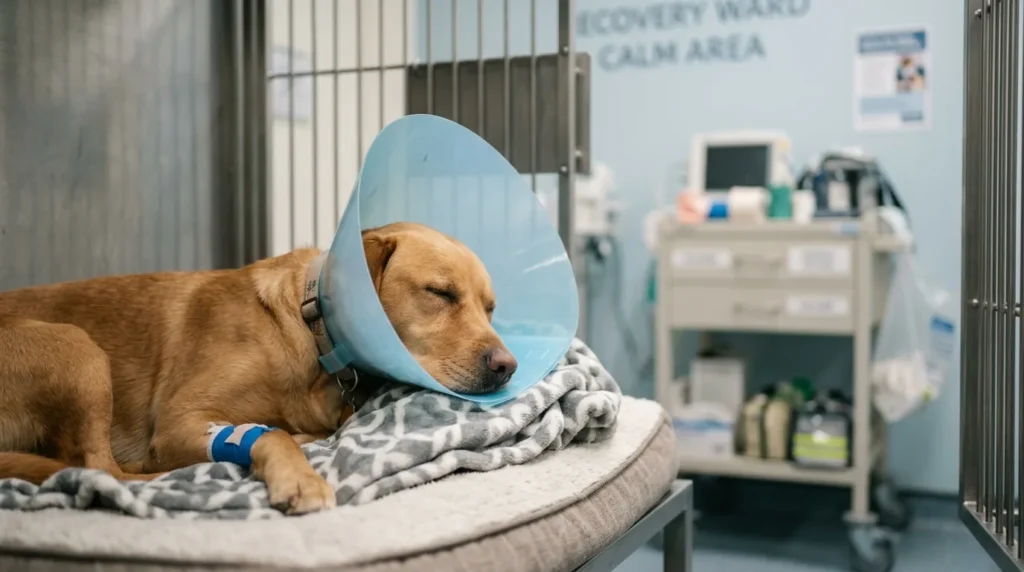 Cachorro calmo descansando em cama de recuperacao com colar protetor em clinica