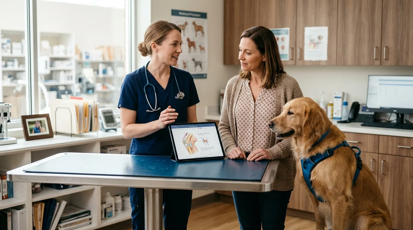 Veterinaria explicando procedimento para tutora em sala de consulta com cachorro