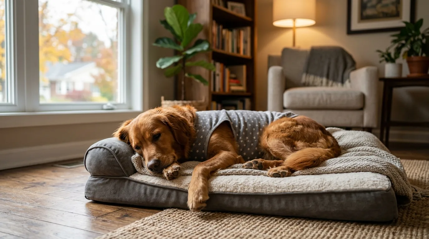 Cachorro se recuperando tranquilo em casa usando colete de recuperacao