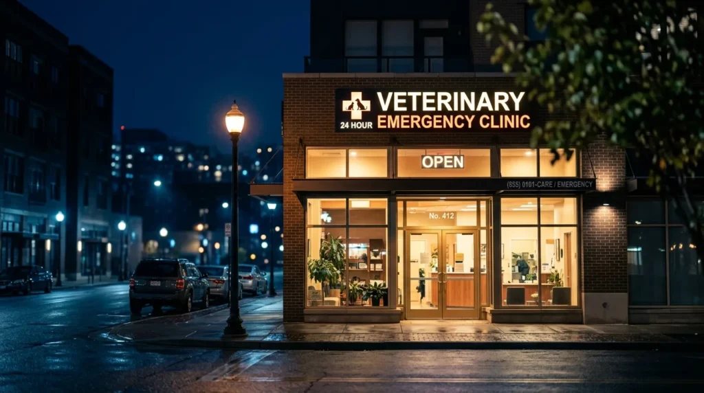 Fachada de clinica veterinaria de emergencia 24 horas iluminada a noite