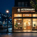 Fachada de clinica veterinaria de emergencia 24 horas iluminada a noite