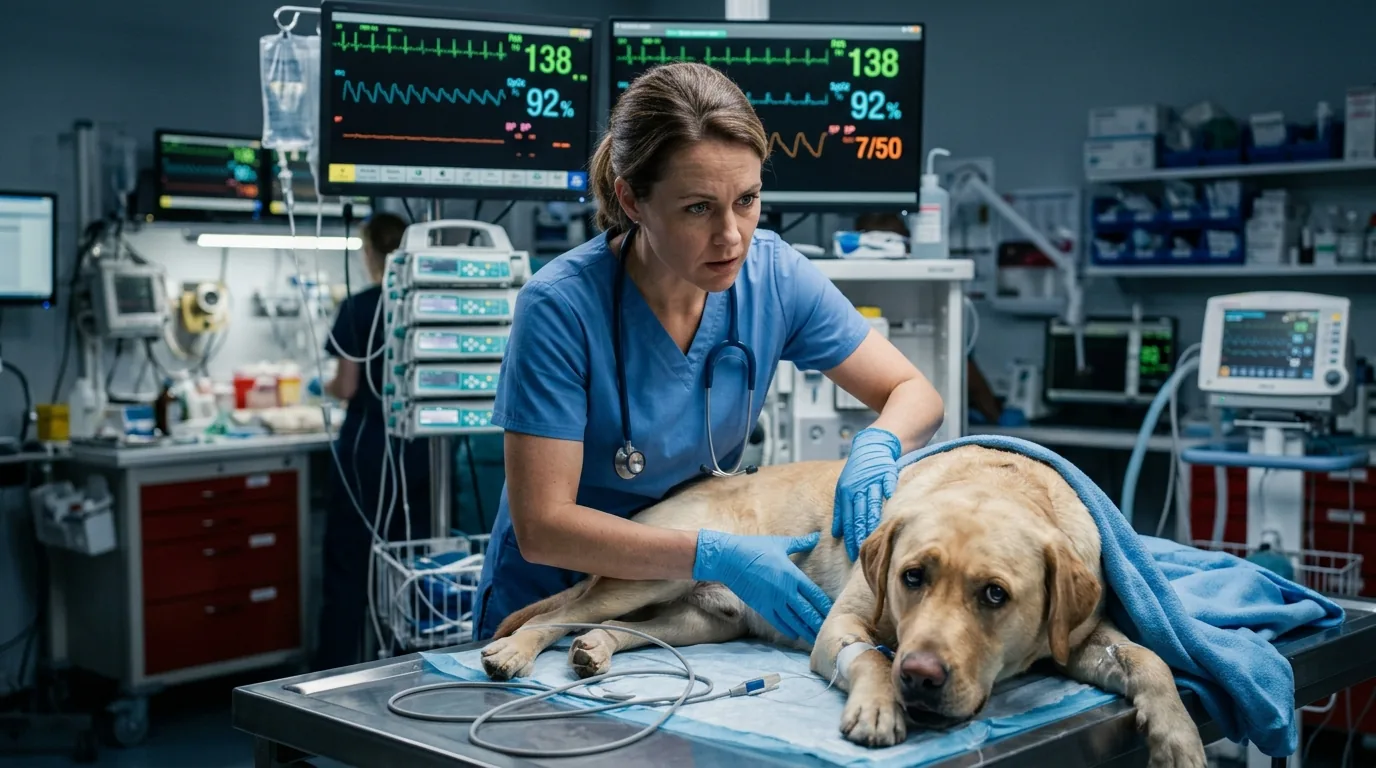 Veterinaria examinando cachorro com urgencia em sala de emergencia com monitores
