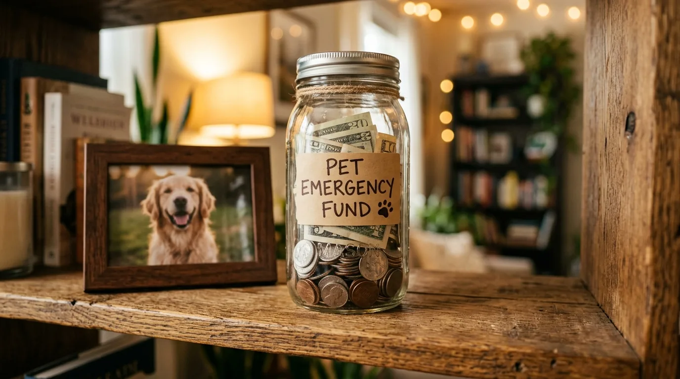 Pote de vidro com moedas e notas guardadas como fundo de emergencia para pet