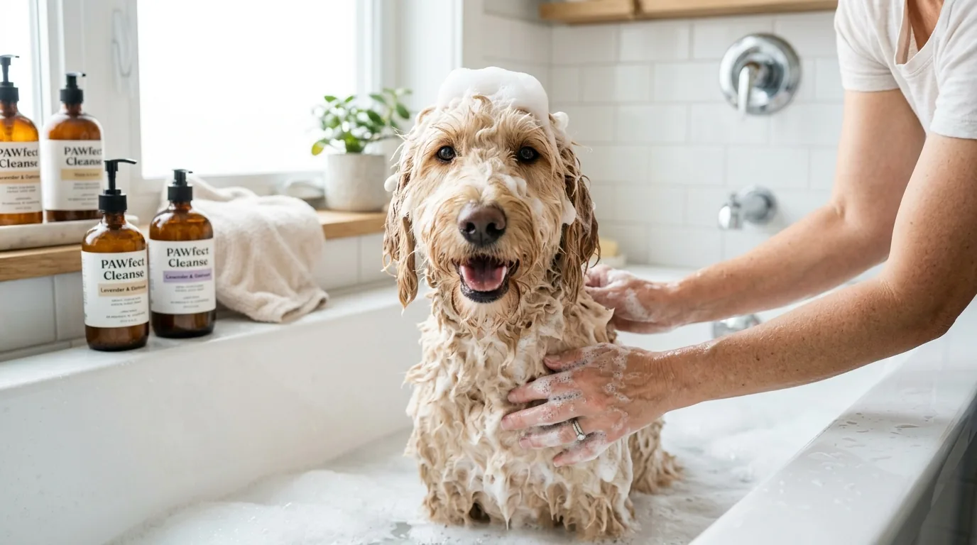 Cachorro de pelo cacheado tomando banho em banheira com espuma