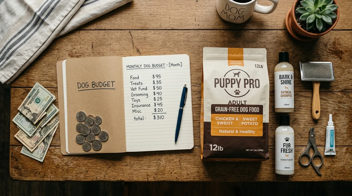 Planejamento de orcamento mensal para cachorro com caderno e moedas