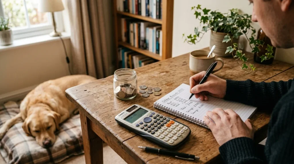 Pessoa fazendo calculos financeiros em caderno com cachorro ao lado em mesa de madeira