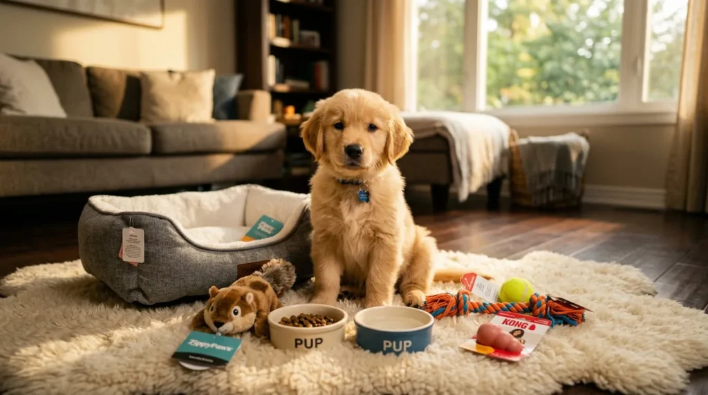 Filhote de golden retriever sentado em sala de estar cercado de itens novos