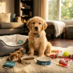 Filhote de golden retriever sentado em sala de estar cercado de itens novos